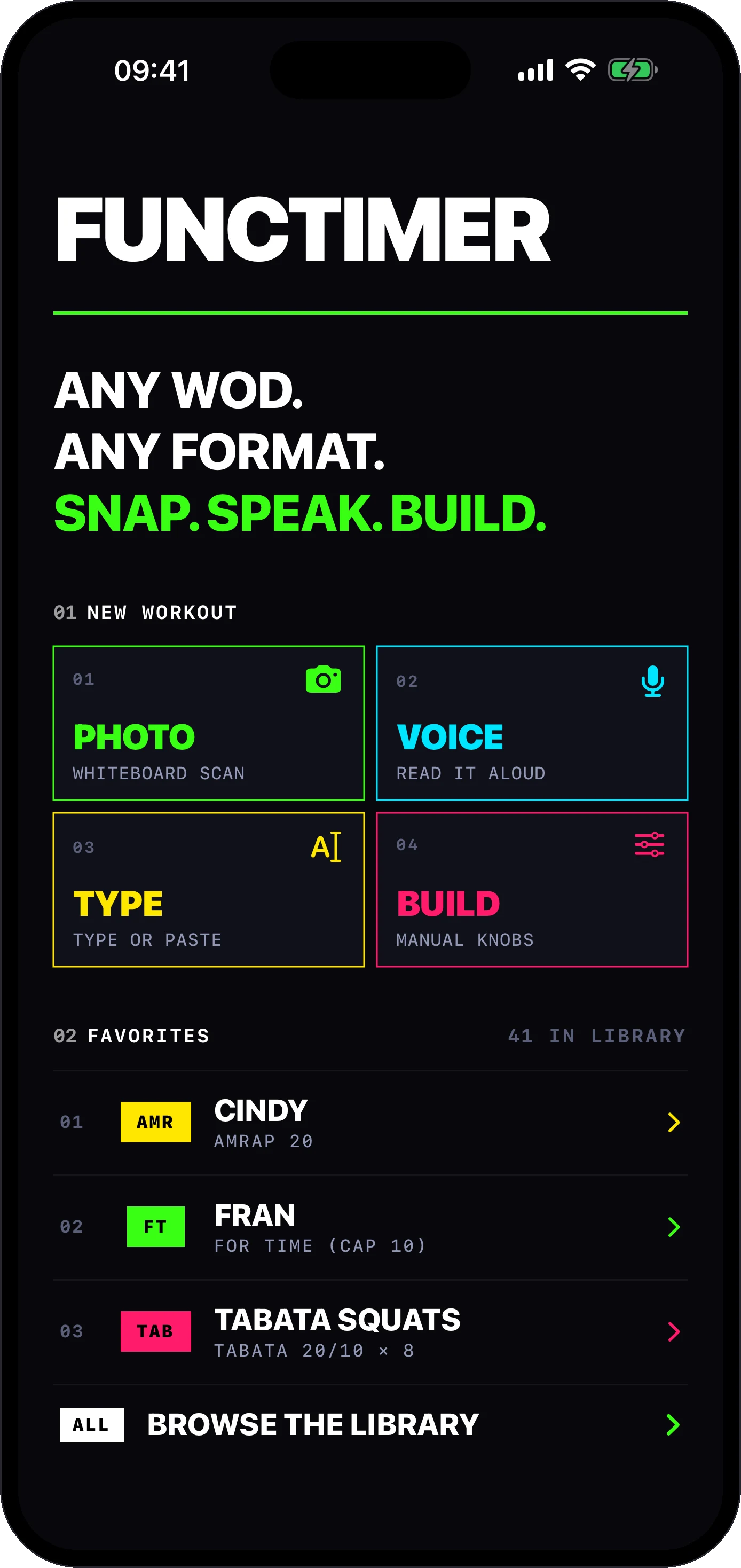 Functimer home screen: photo, voice, type and build inputs plus bundled presets