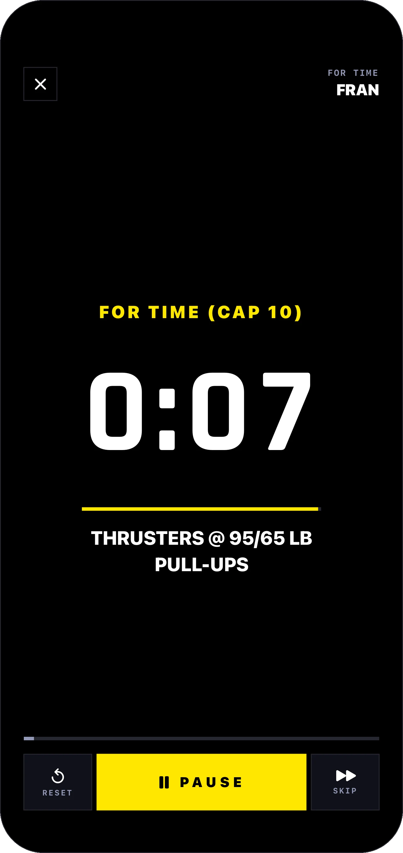 Functimer running Fran: giant flat digits, FOR TIME phase, baseline drain under the clock